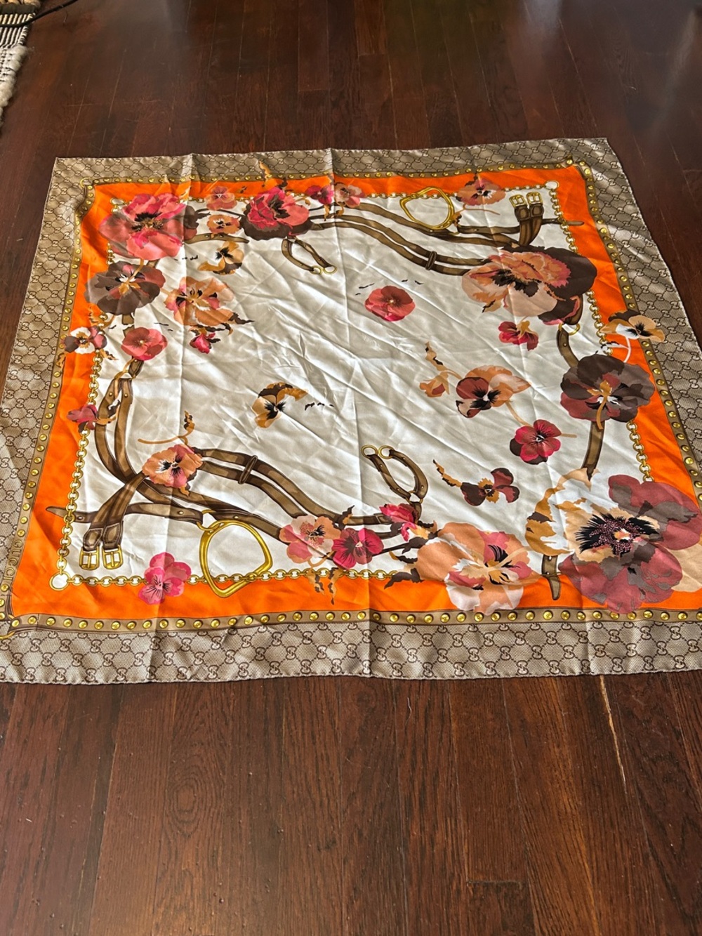 Gucci Floral Square Scarf - Orange, Pink, Brown - Picture 5 of 5